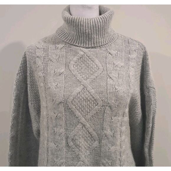 GAP Womens M Chunky Cable Knit Turtleneck Sweater Gray Oversized Wool Alpaca - Picture 3 of 13